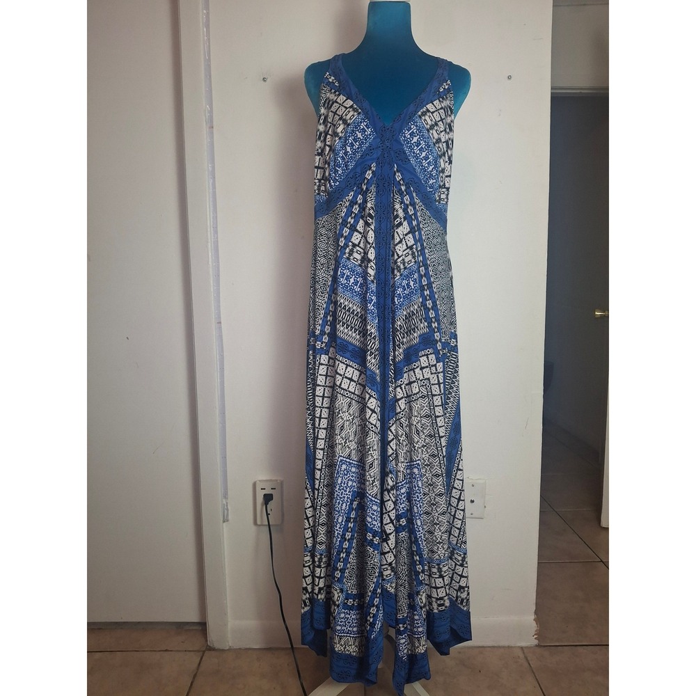 INC International Concepts Blue White Geometric Print Maxi Dress XL Crisscross